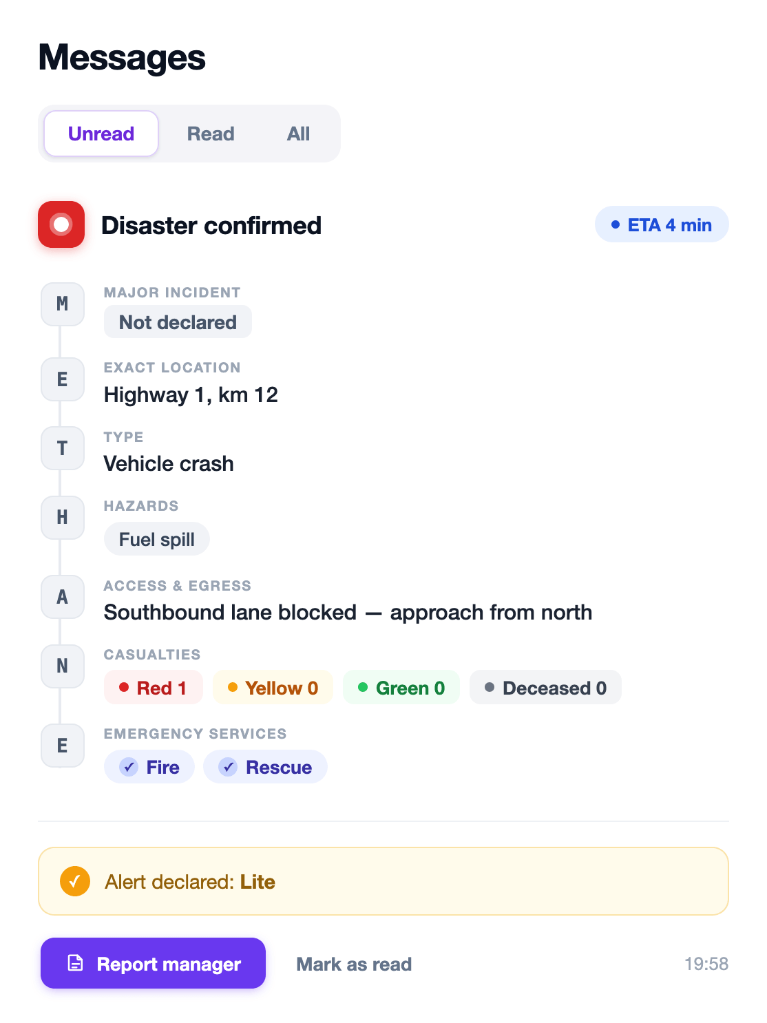 The declared alert level shown as a locked banner on the Disaster Confirmed message