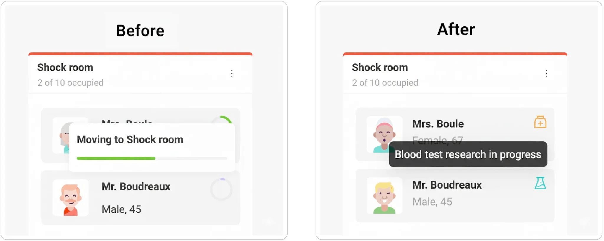 Before and after: generic progress indicators vs. activity-specific icons with tooltips